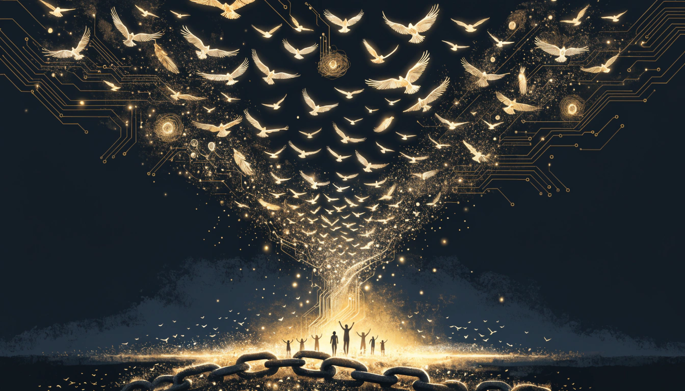 Broken chains transforming into a rising flock of golden doves over a deep navy sky, with silhouettes reaching upward — from emancipation to the AI age.